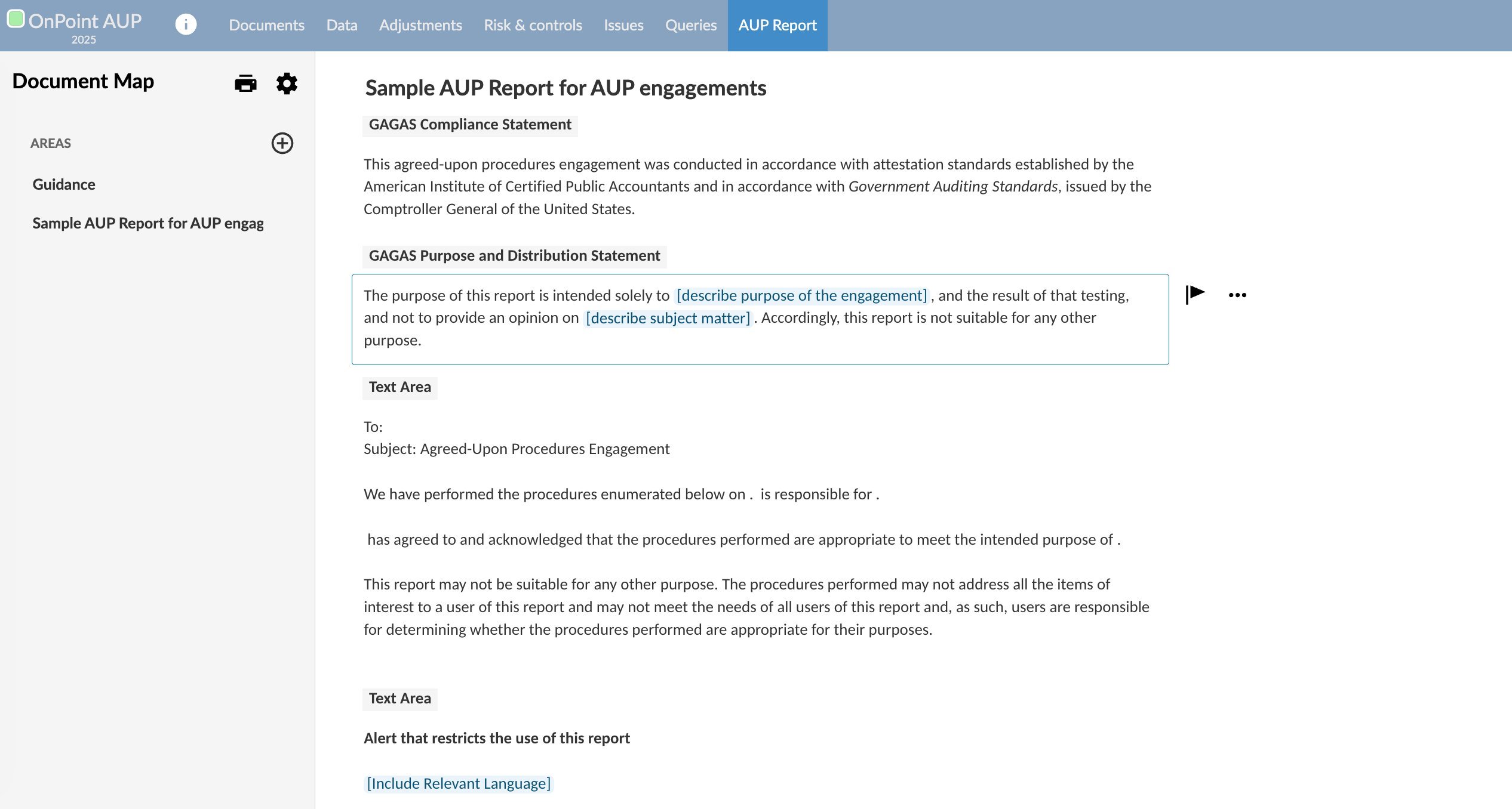 The Sample AUP Report for AUP engagements showing the GAGAS Compliance Statement, GAGAS Purpose and Distribution Statement and a sample report text area with placeholder fields.