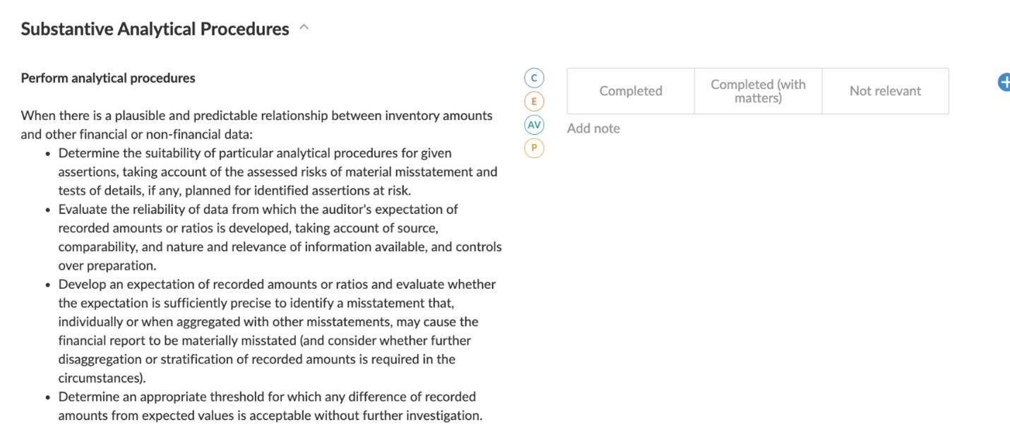 Substantive Analytical Procedures section with C, E, AV, and P assertions and Completed status