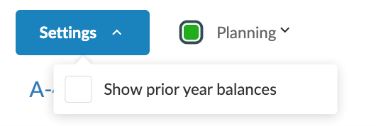 Settings dropdown showing Show prior year balances option