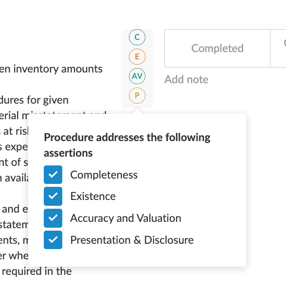 Procedure addresses the following assertions dialog with Completeness, Existence, Accuracy and Valuation, and Presentation & Disclosure checkboxes