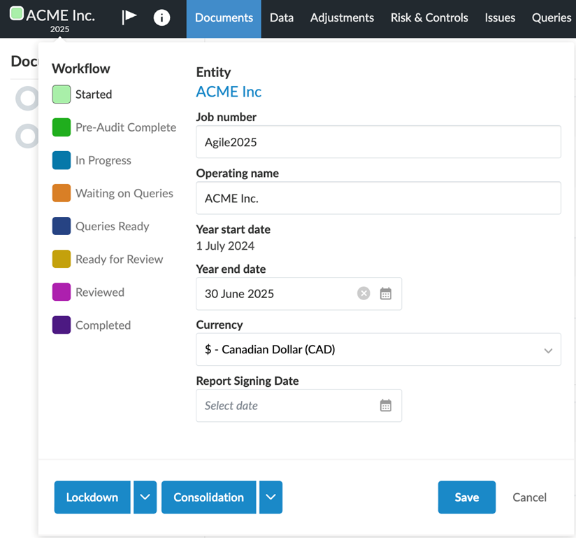The Engagement Properties dialog expanded in an Audit engagement.