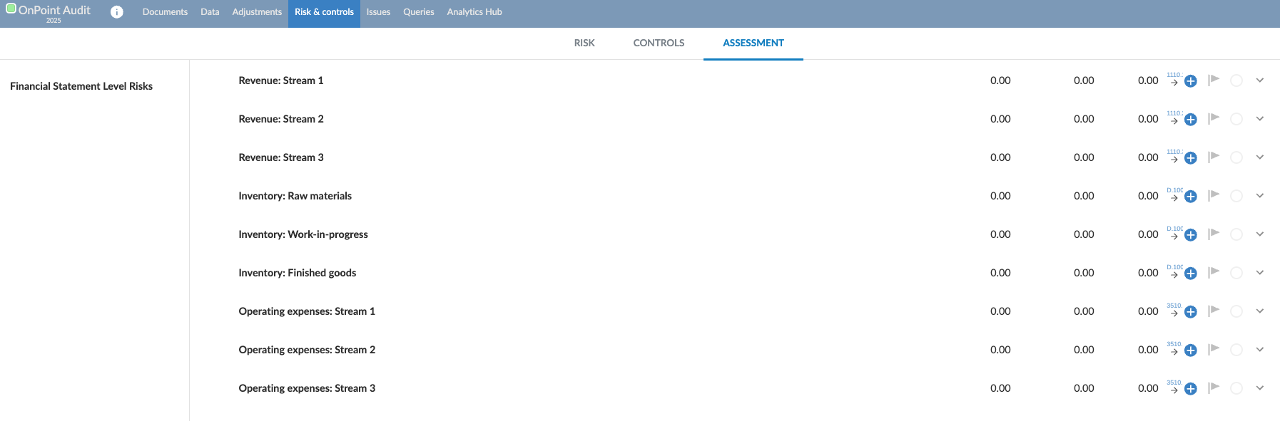 Assessment view under the Risk & controls tab displaying separate assessment rows for inventory categories and operating expense streams.