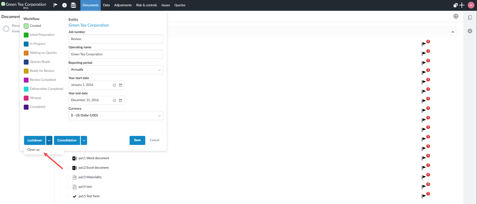 The user interface for selecting the Cleanup option when locking down an engagement.