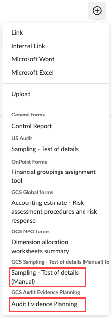 The Create a document menu displaying options for forms and templates, including Sampling - Test of details (Manual) and Audit Evidence Planning.