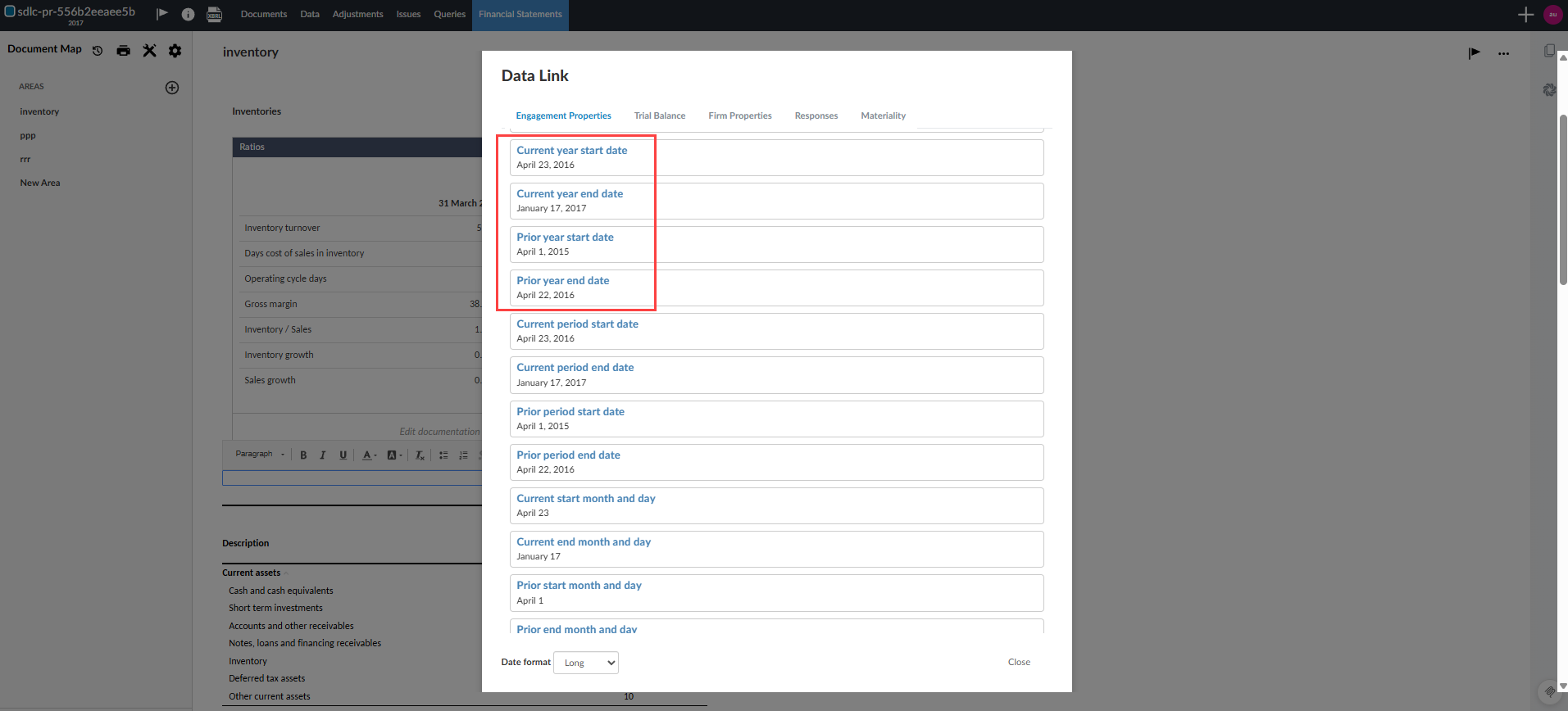 Data Link dialog showing engagement property date fields for current and prior year start and end dates.