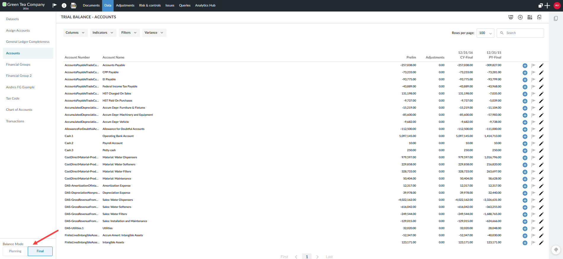 The user interface to select planning or final mode in the Data page.
