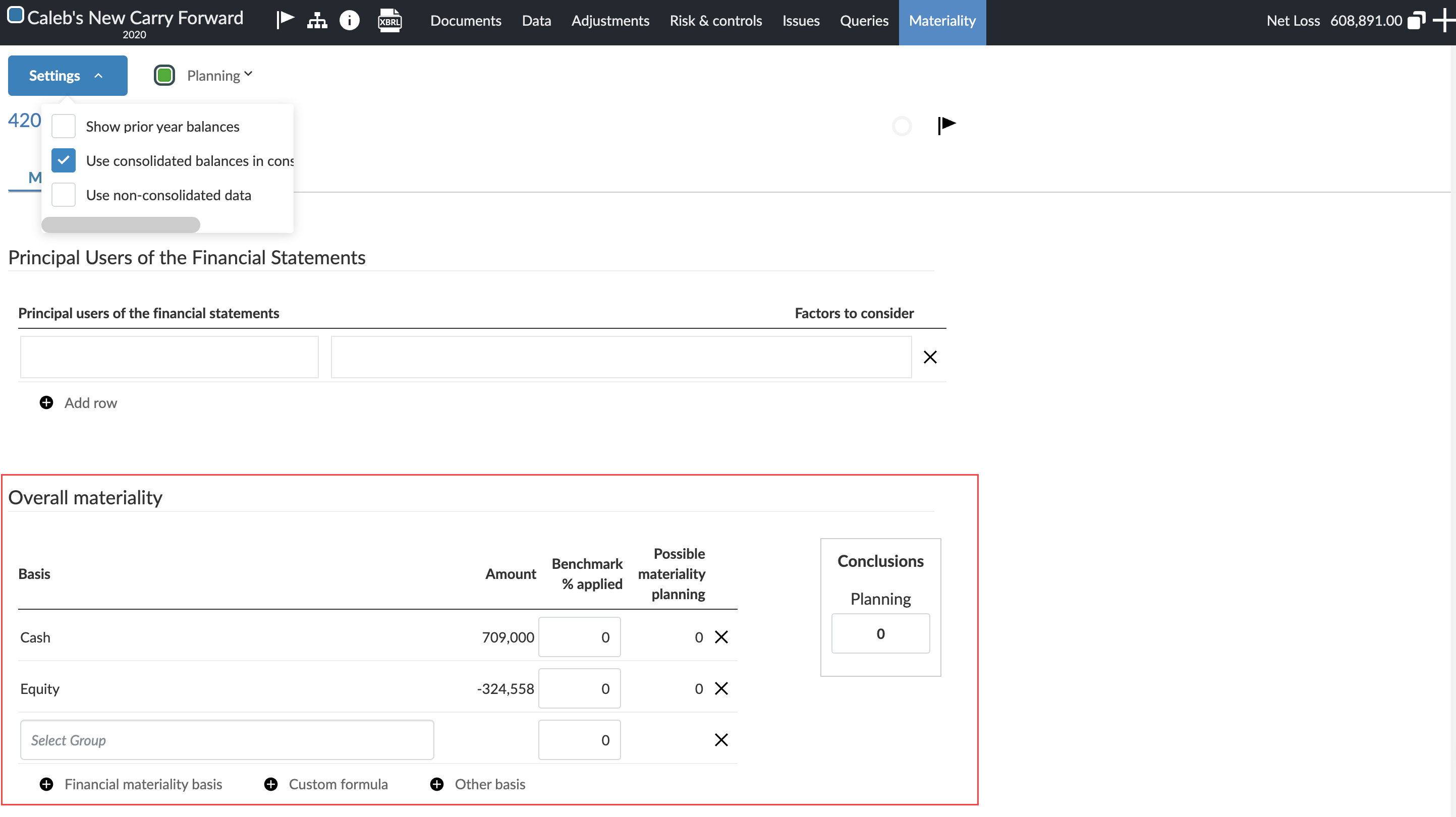 Cloud Engagements Materiality tab showing the Settings dropdown with "Use consolidated balances in consolidation" selected, and the Overall Materiality section displaying Cash (709,000) and Equity (-324,558) basis rows with benchmark percentage and possible materiality planning columns, all showing zero values in the Planning conclusions.