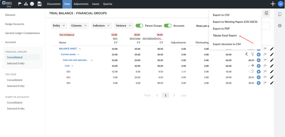 Trial Balance page displays the export menu with the Tabular Excel Export option highlighted.