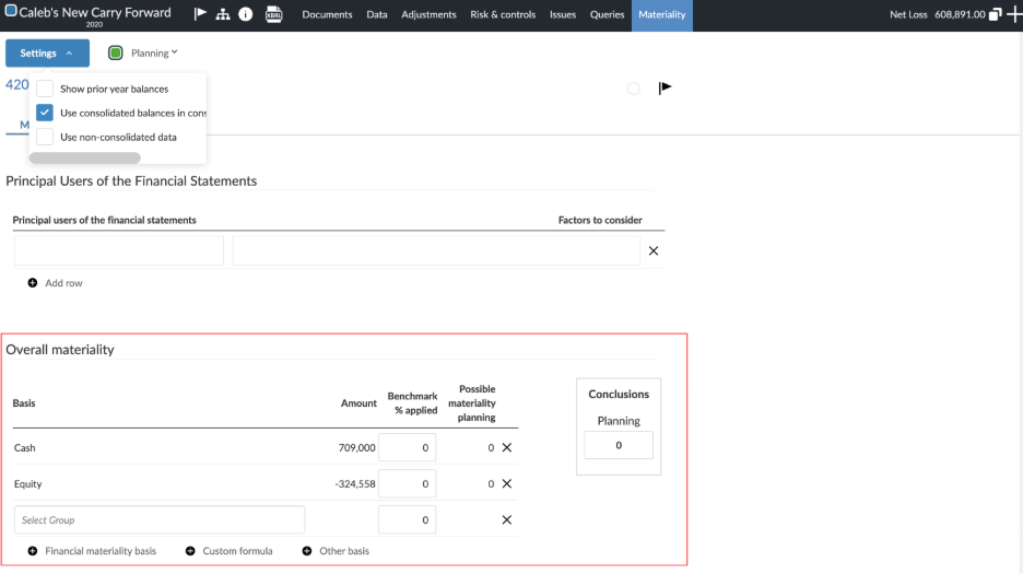 Materiality page displays the Settings dropdown with consolidated balance options selected.