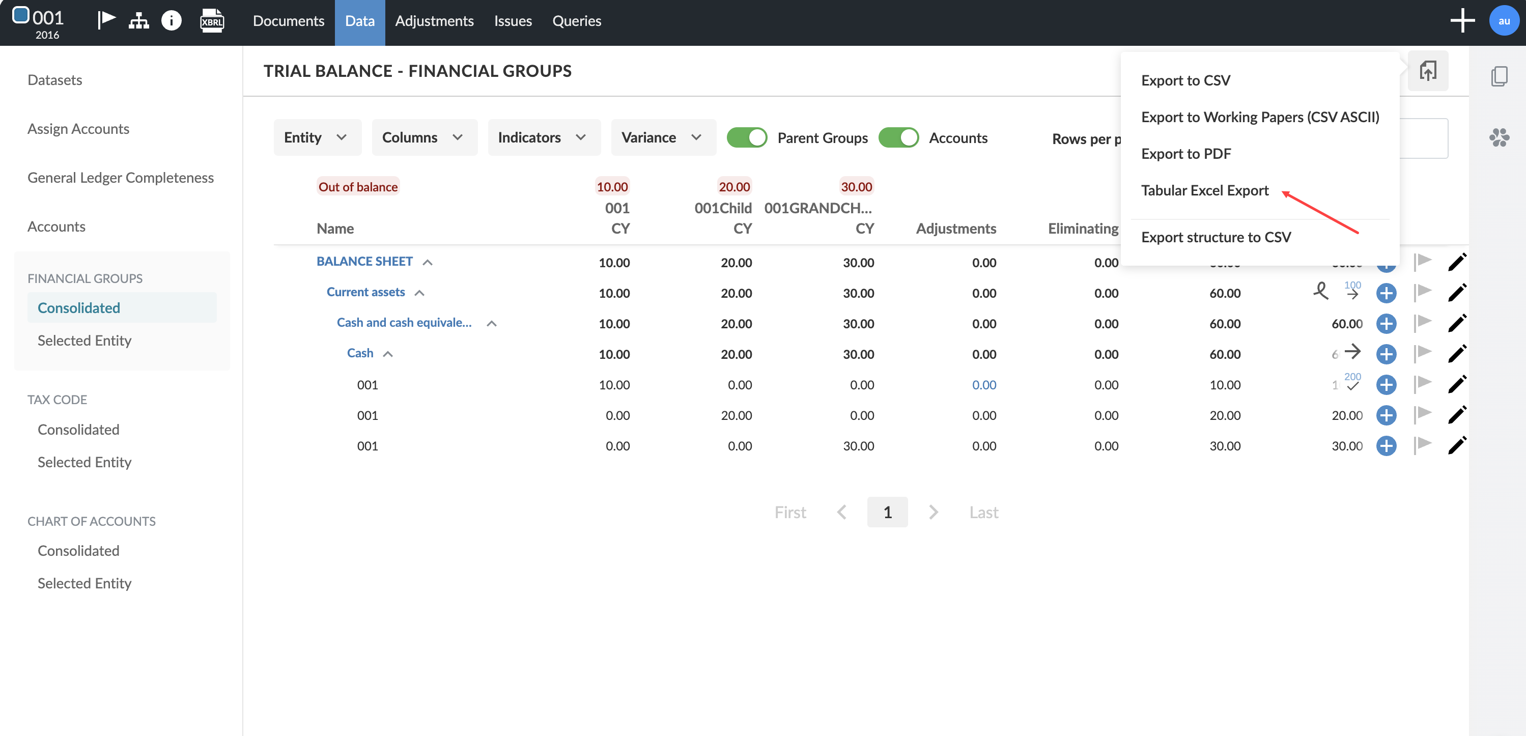 the financial data page showing where to click on the tabular export option