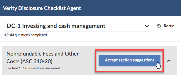 The Disclosure Checklist Agent section header showing the Accept section suggestions button highlighted.