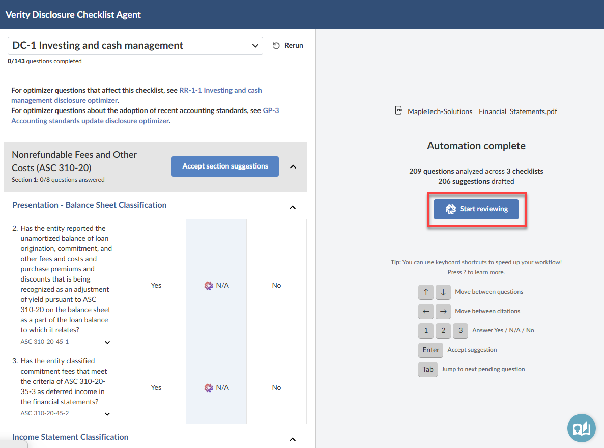 The Automation complete panel showing 209 questions analyzed across 3 checklists and 206 suggestions drafted, with a Start reviewing button and keyboard shortcut reference.