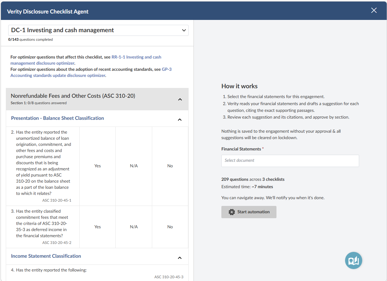 The Verity Disclosure Checklist Agent full-screen dialog showing the checklist on the left and a How it works panel on the right, with the Financial Statements dropdown empty.
