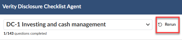 The Disclosure Checklist Agent header bar showing the checklist dropdown and the Rerun icon.