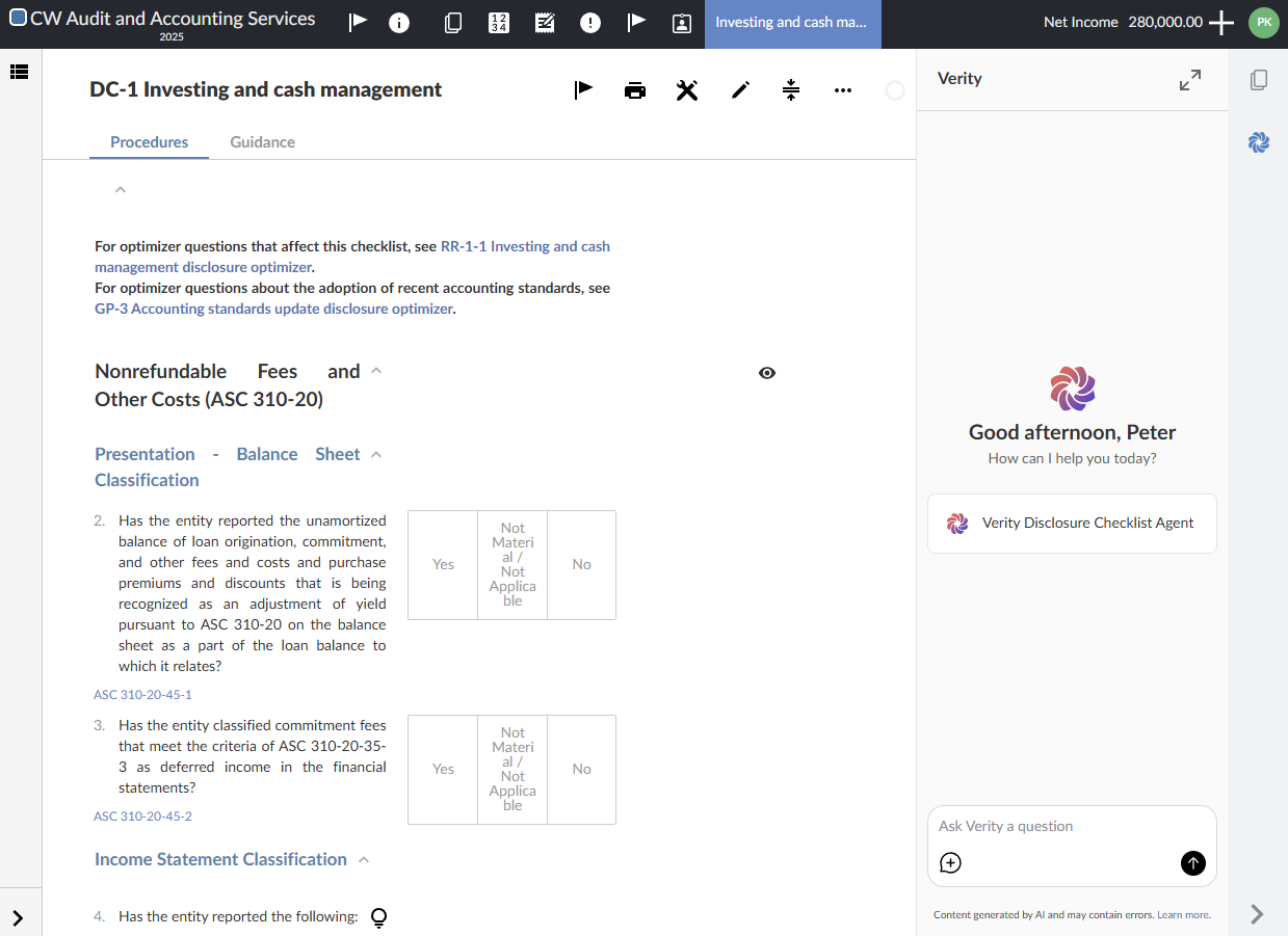 The Verity panel open in the engagement sidebar, showing the Verity Disclosure Checklist Agent option.