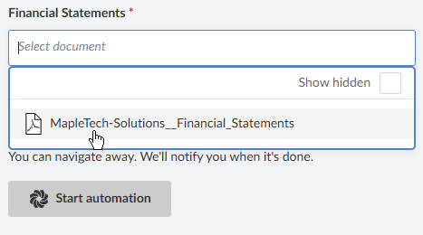 The Financial Statements dropdown expanded, showing a PDF file available for selection.