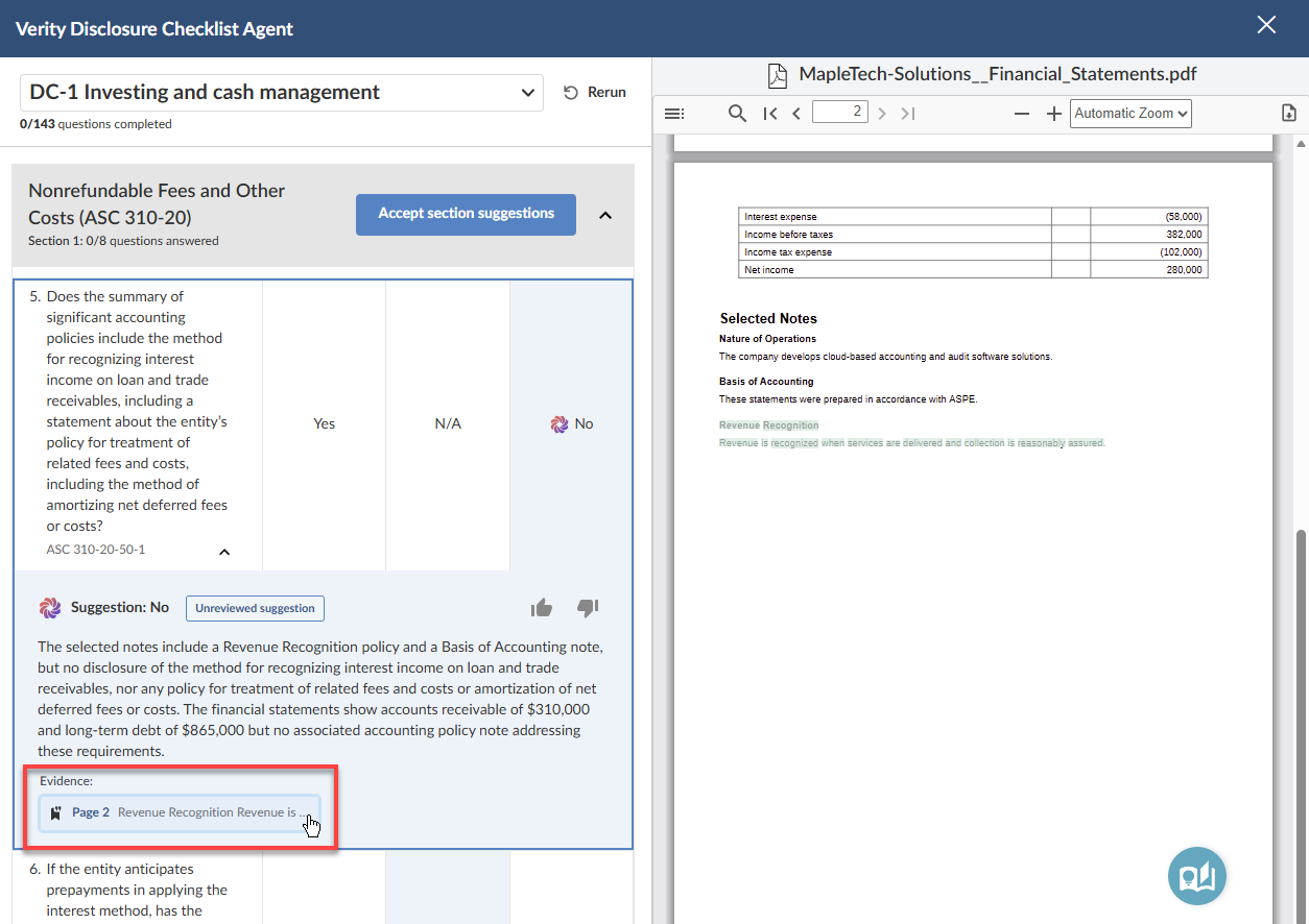 The split-pane review view showing a checklist question on the left with a suggestion and evidence citation pill, and the financial statement PDF open on the right with the relevant passage visible.