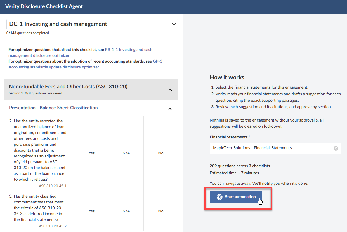The Disclosure Checklist Agent dialog with a financial statement selected and the Start Automation button highlighted.