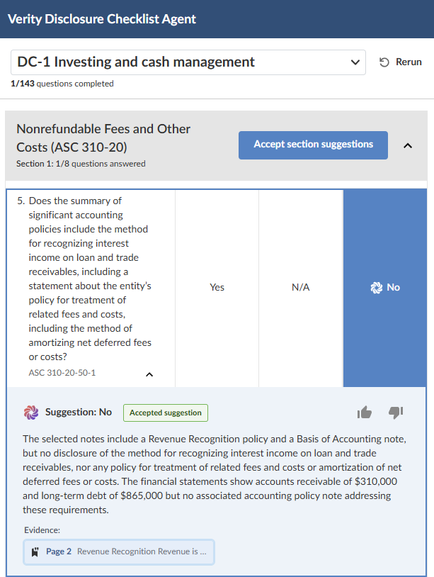 A checklist question with the No answer column highlighted in blue and an Accepted suggestion badge shown below the question.