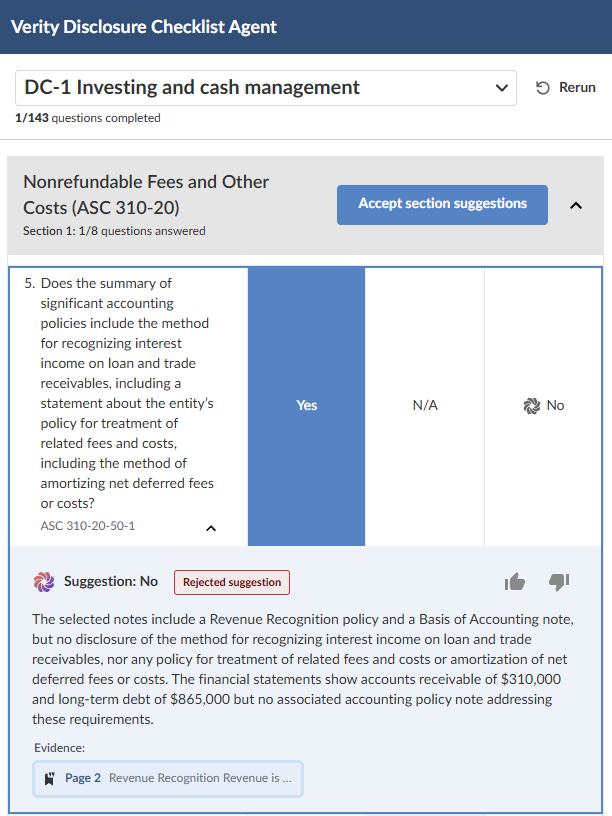 A checklist question with the Yes answer column selected and a Rejected suggestion badge shown, indicating the user overrode the agent's suggestion.