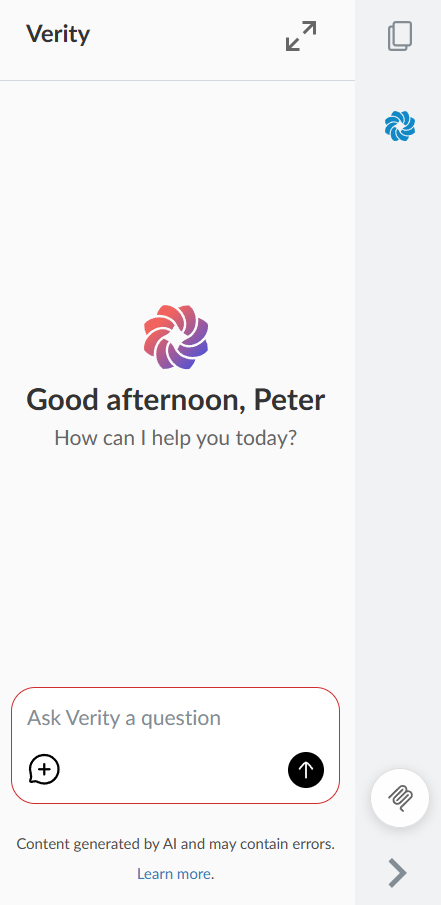 The Verity chat panel open in an engagement sidebar, showing the Verity logo, a greeting, and an Ask Verity a question text input at the bottom.