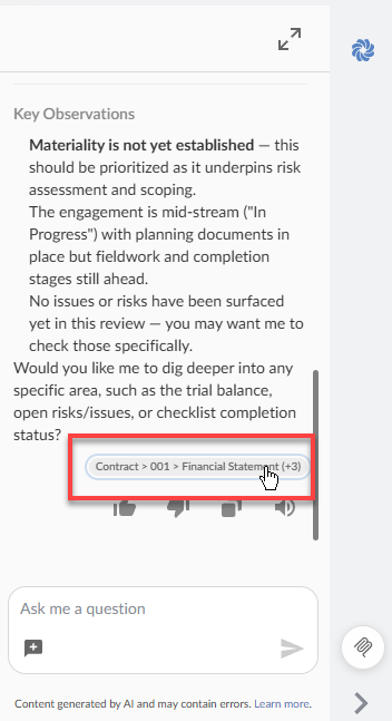 The Verity chat panel showing a response with citation chips at the bottom. A citation chip is selected, revealing a preview of the source passage.