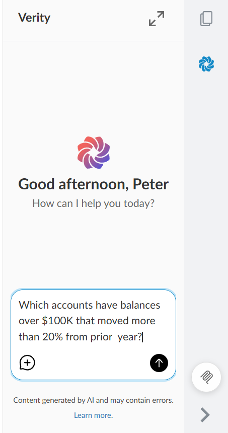 The Verity chat panel with a question typed asking which accounts have balances over $100K that moved more than 20% from prior year.