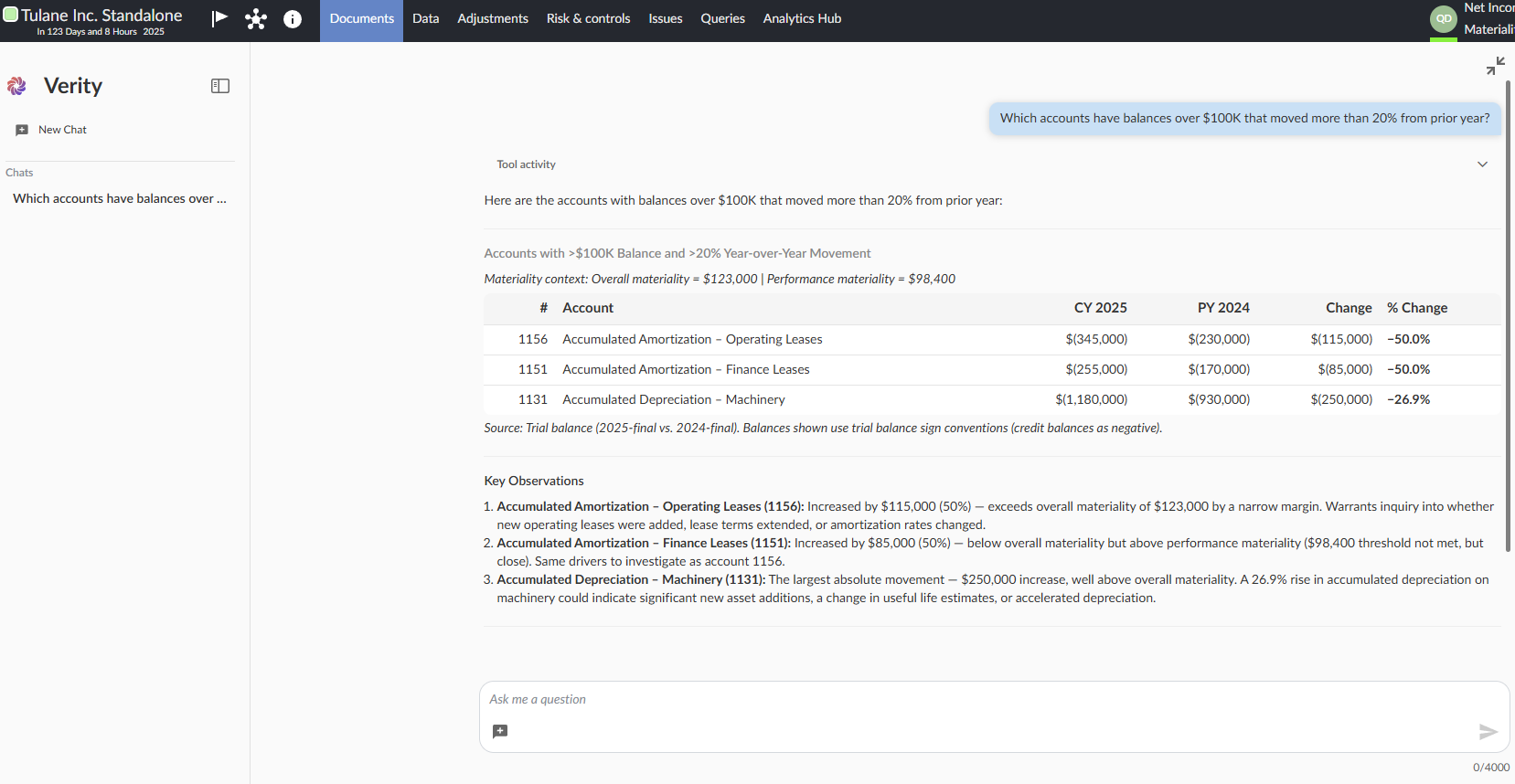 The Verity response showing a table of accounts with balances over $100K and year-over-year movement exceeding 20%, with key observations below.