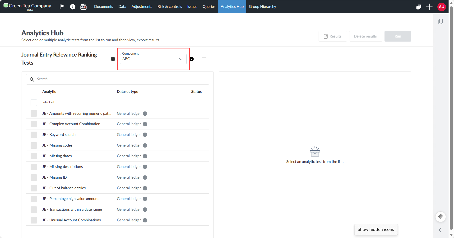 Analytics Hub filtered to show only the analytics assigned to the selected component.