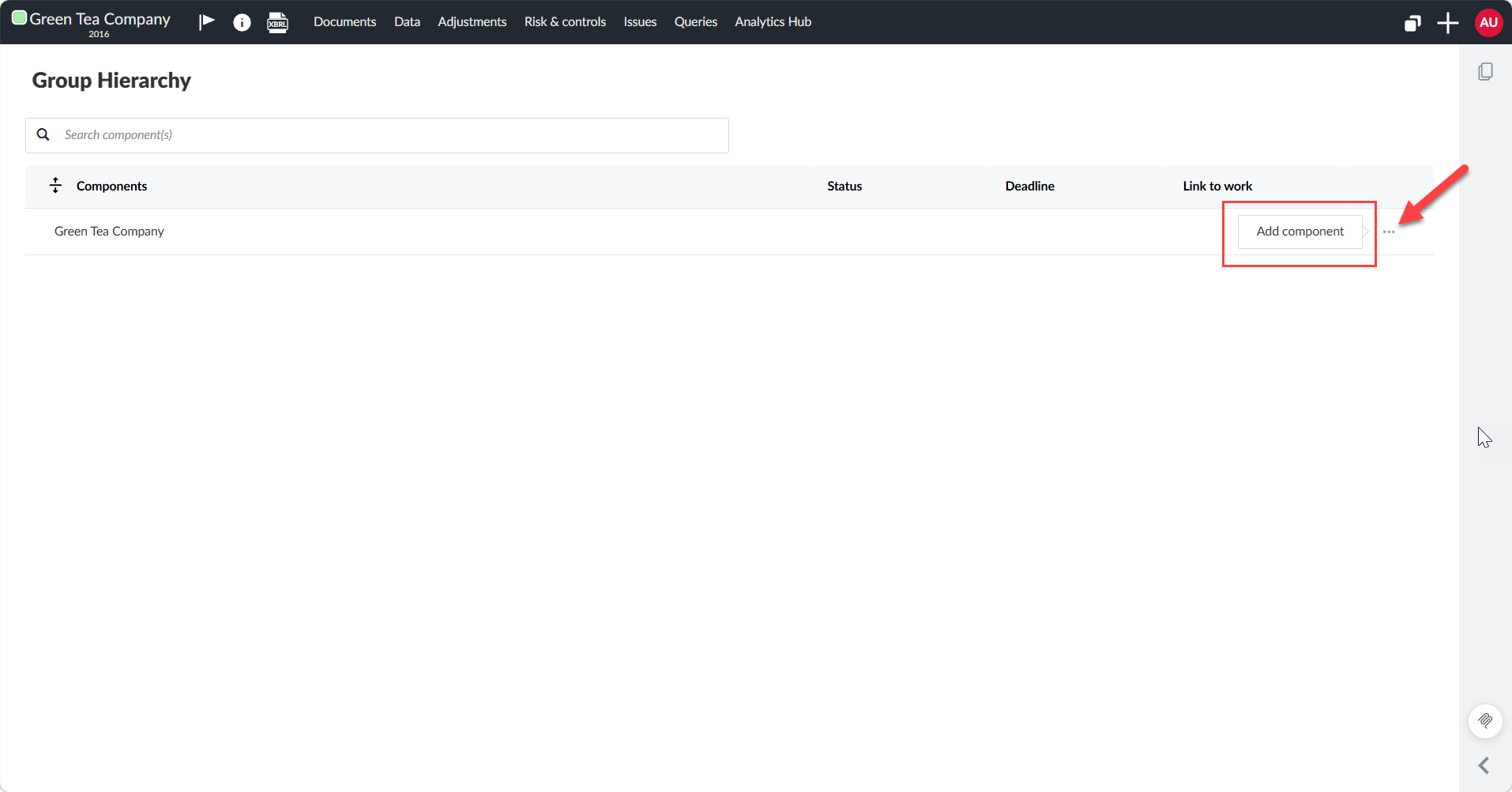Selecting Add component in the Group Hierarchy page.