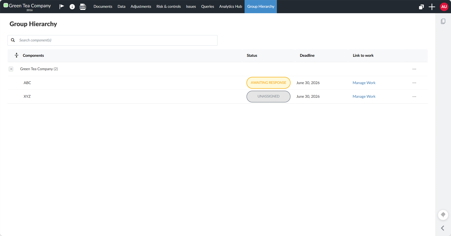 The Group Hierarchy page showing an AWAITING RESPONSE status after work is sent to a component.