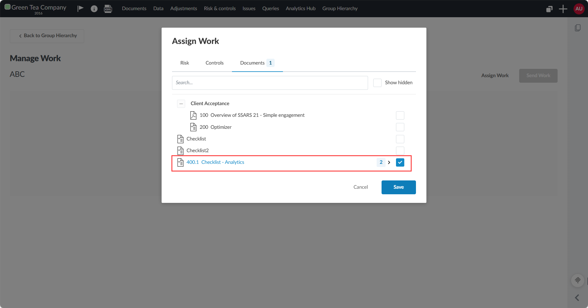 Selecting a checklist to assign to the component.
