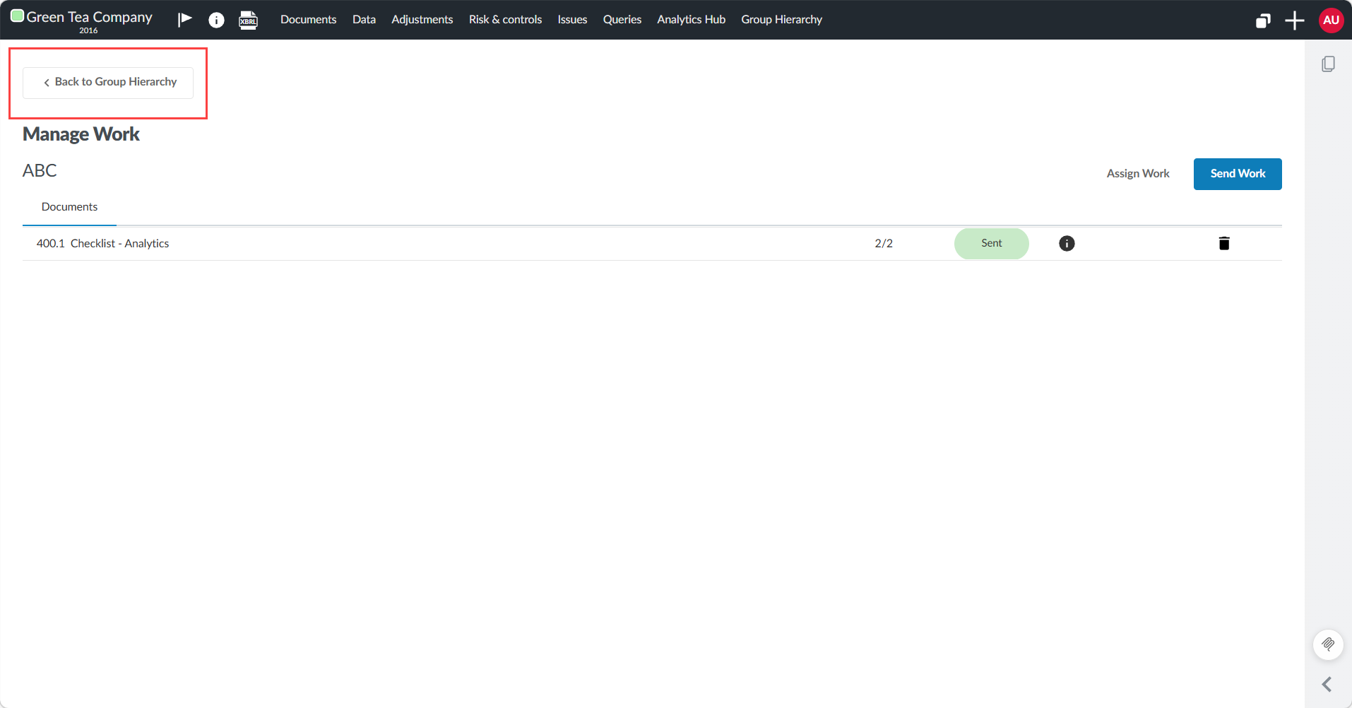 Selecting Back to Group Hierarchy after the checklist status updates to Sent.