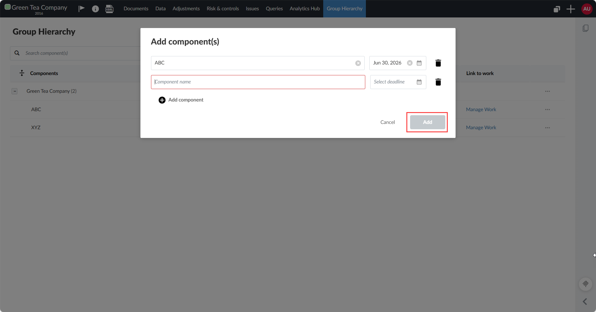 Entering component names in the Add component(s) dialog.