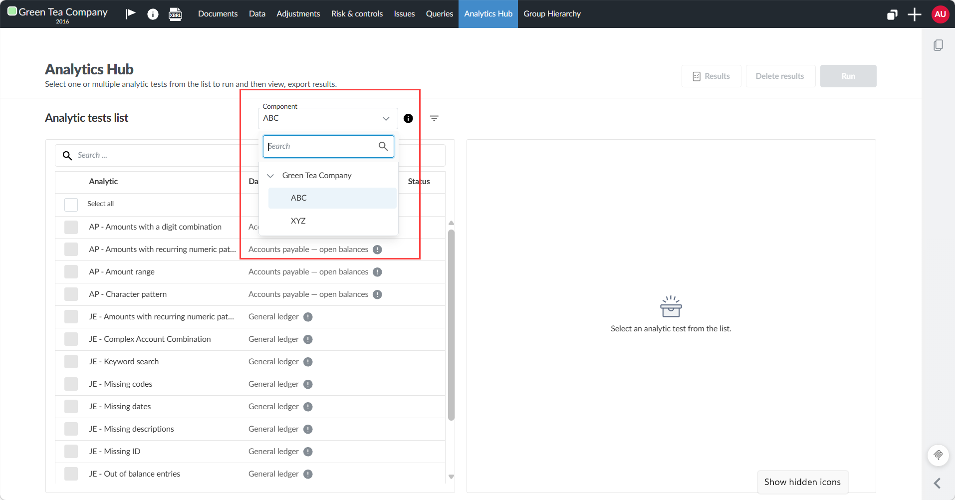 Selecting a component from the Component dropdown in Analytics Hub to filter results.