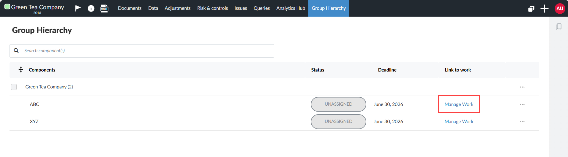 Selecting Manage Work next to a component to begin assigning work.
