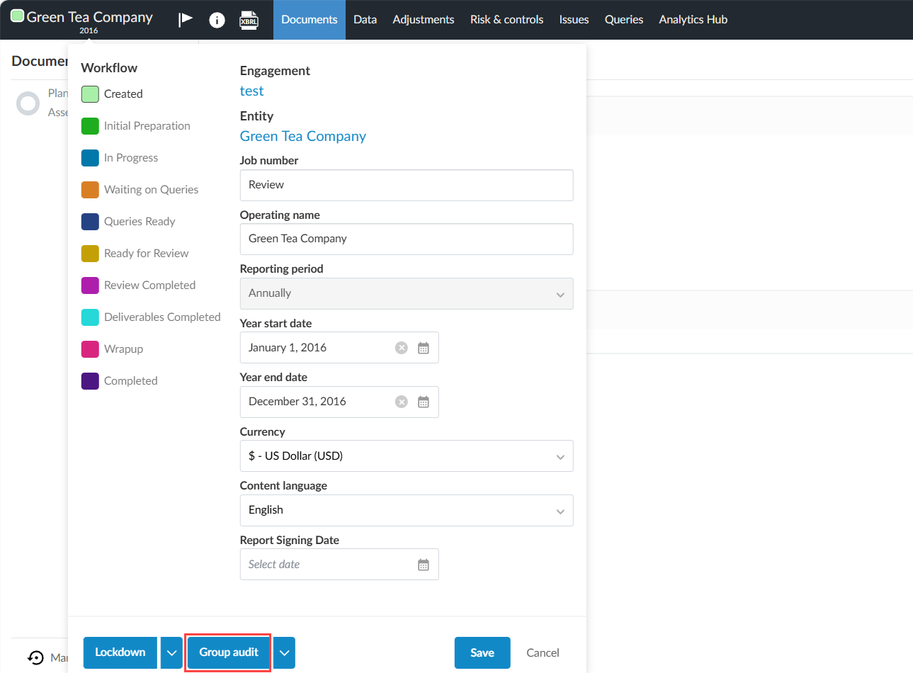 Selecting Group audit from the Workflow panel to open the Group Hierarchy page.