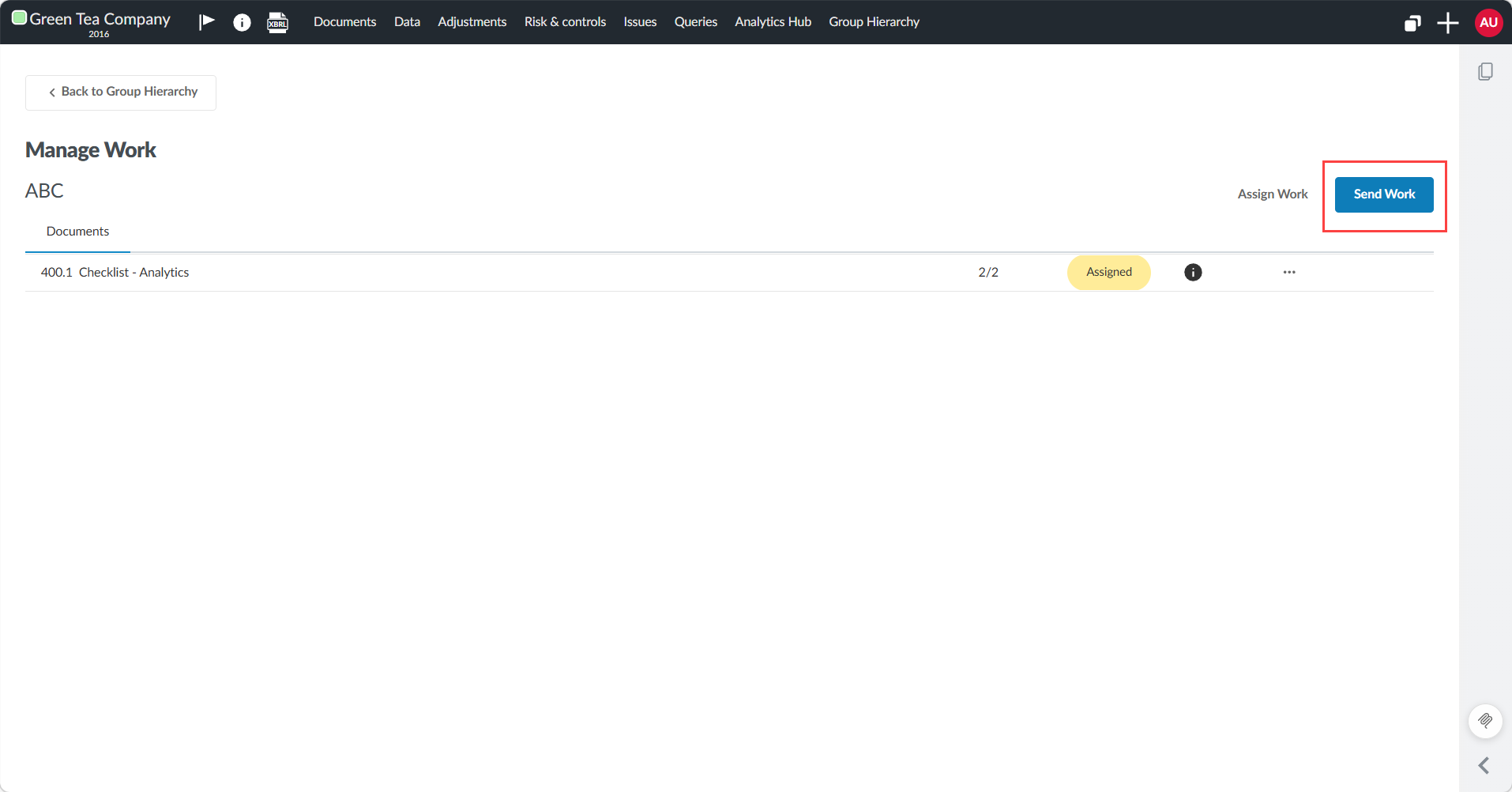 Selecting Send Work after the checklist status shows Assigned.