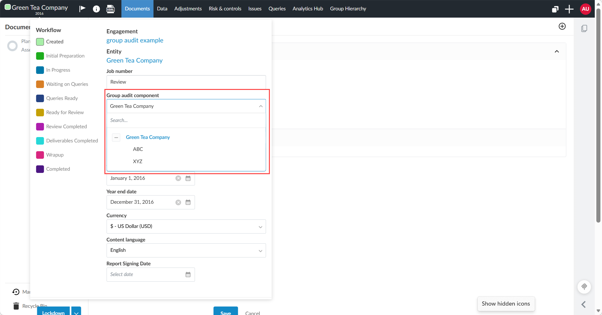 Selecting a component from the Group audit component dropdown and saving.