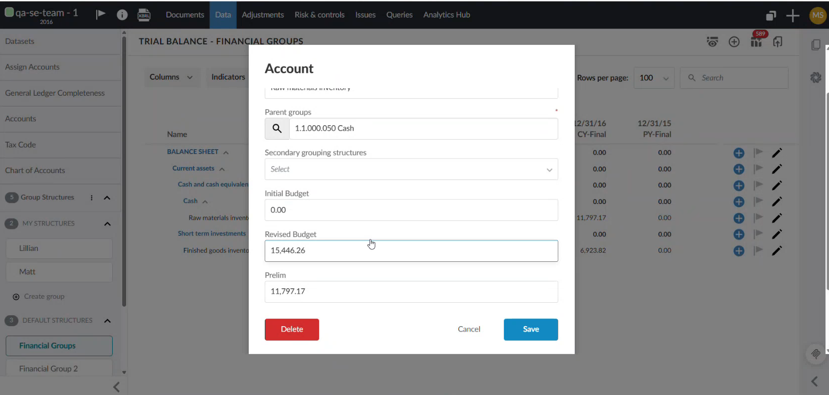 The Account properties dialog showing the Initial Budget and Revised Budget fields above the Prelim field.