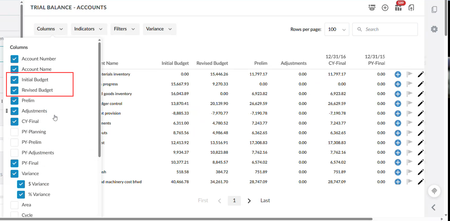 The Columns menu with Initial Budget and Revised Budget selected, and the two columns showing to the left of the Prelim column in the trial balance.