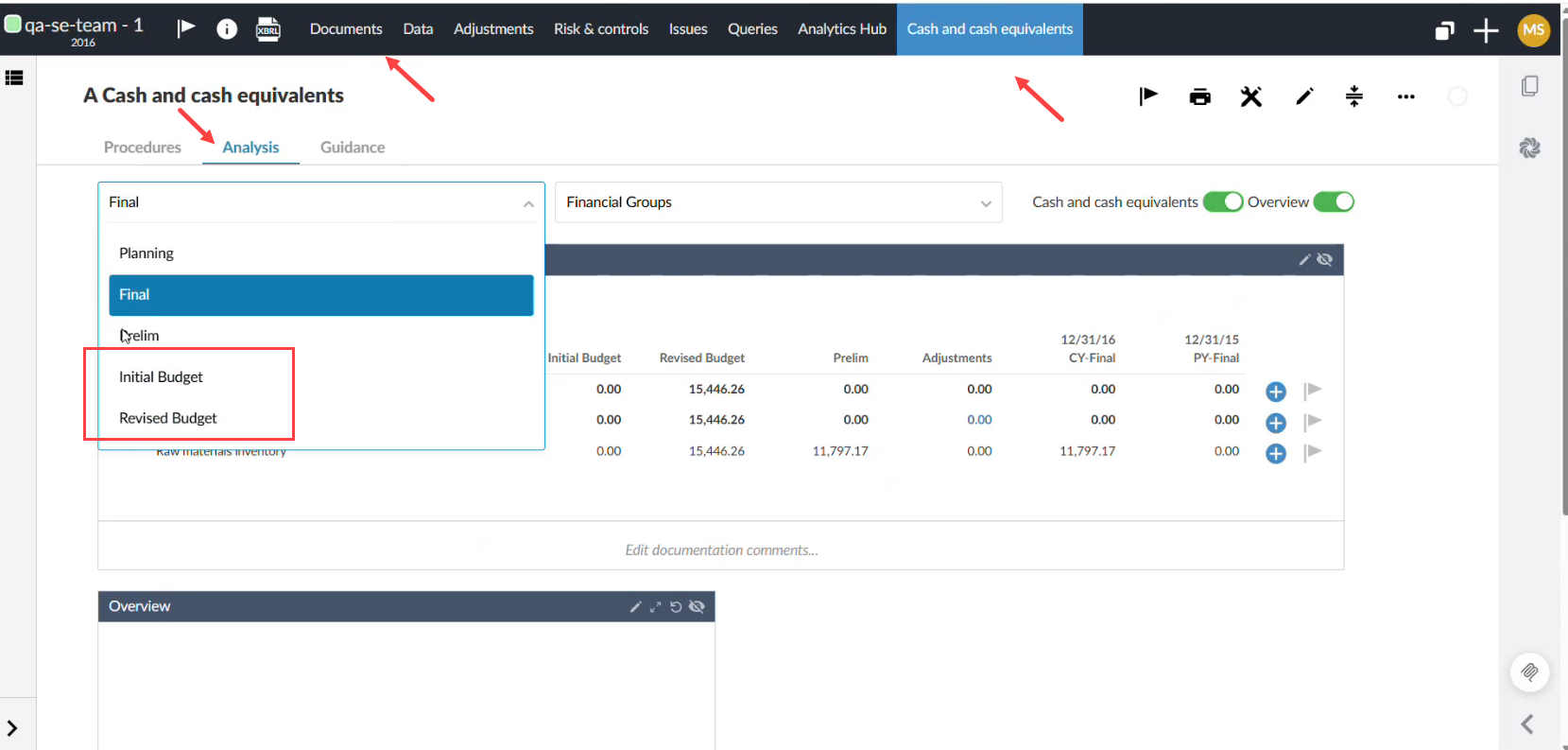 The balance type selector on the Analysis tab with Initial Budget and Revised Budget added below Final and Prelim.