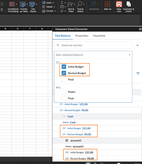 Caseware Cloud Connector panel in Excel showing the Trial Balance tab, with "Initial Budget" and "Revised Budget" checkboxes selected under the current year (CY) balance options, and the corresponding budget values displayed in the results below.