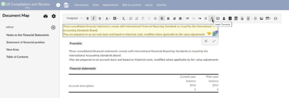 The document editor with a text section in edit mode and the Insert Formula button highlighted on the formatting toolbar.