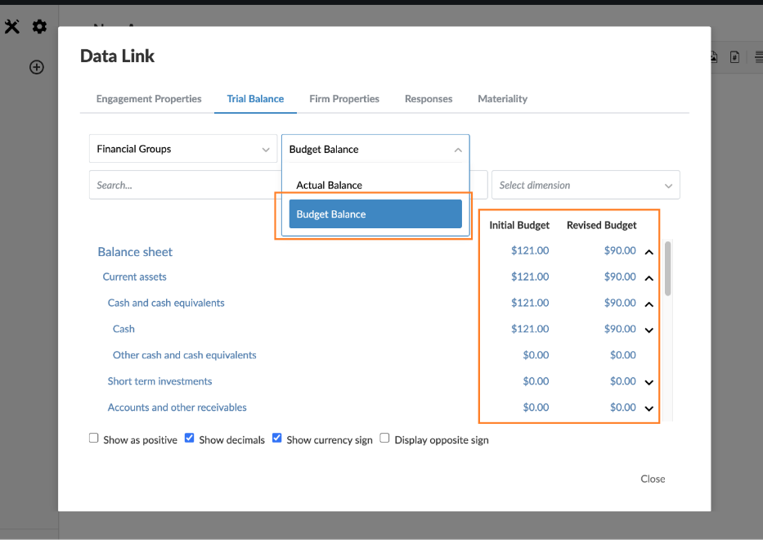 Cloud Engagements Data Link dialog on the Trial Balance tab, with "Budget Balance" selected from the balance type dropdown, displaying Initial Budget and Revised Budget columns for balance sheet accounts.