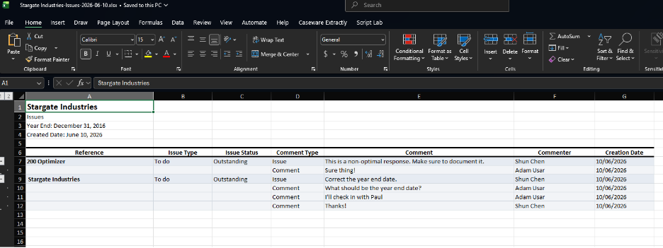 An Excel spreadsheet showing exported engagement issue listing reference, issue type, status, comments and creation dates.