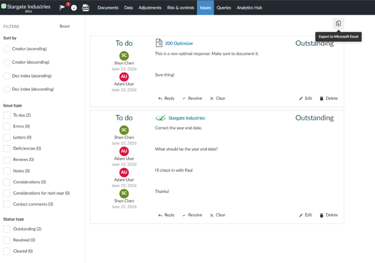 The Issues page in a Caseware engagement with the "Export to Microsoft Excel" button highlighted at the top right.