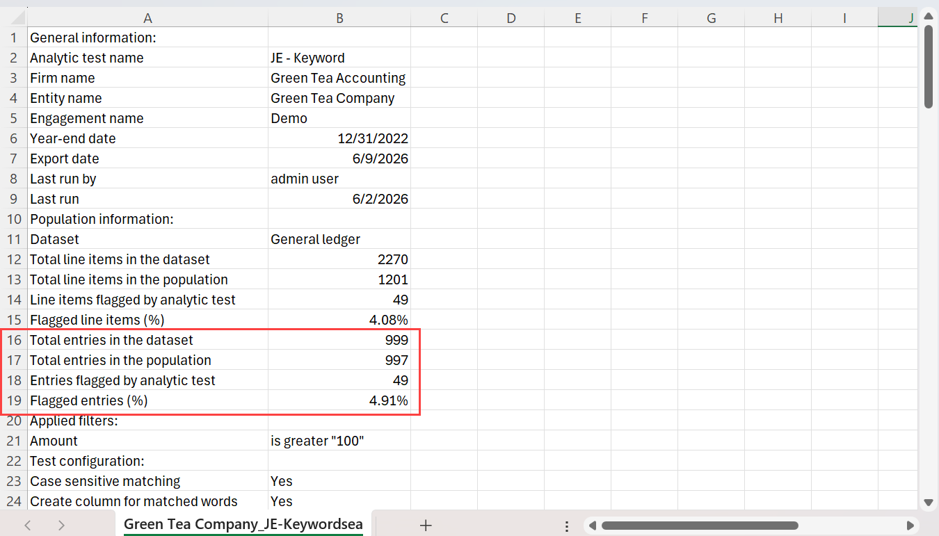 A CSV export of journal entry results.