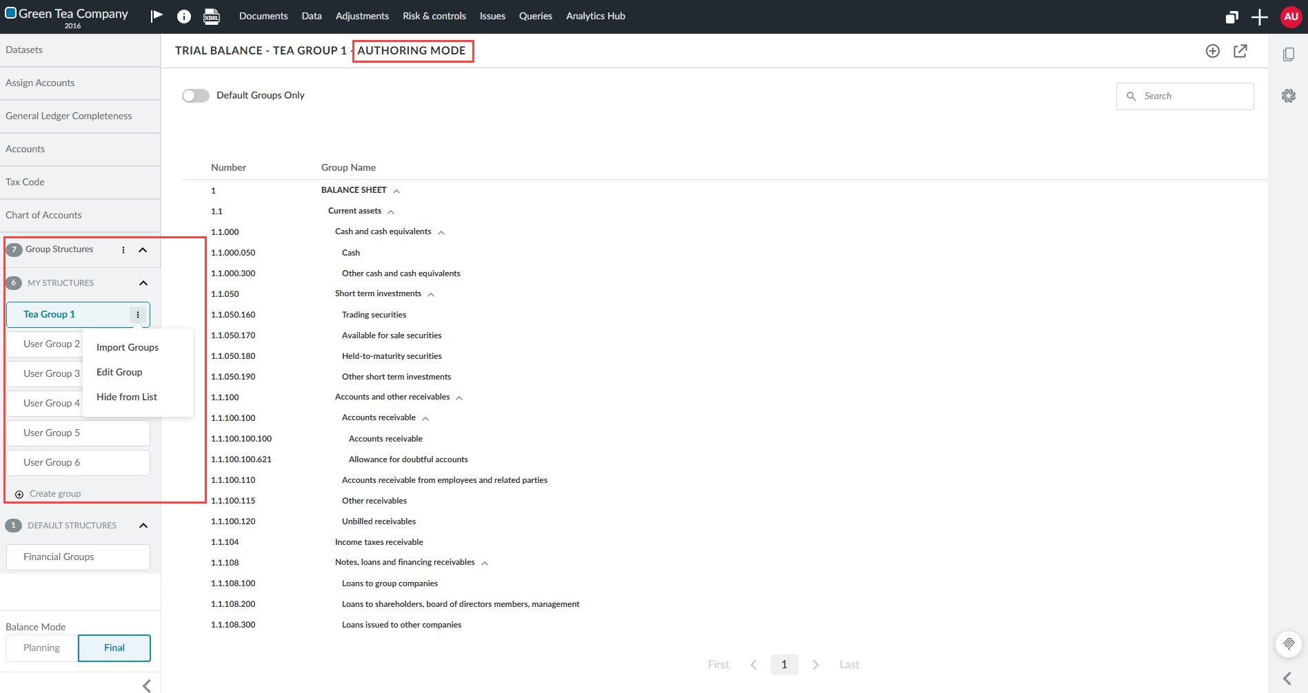 The Trial Balance group structures view in Authoring Mode with the "more actions" menu open showing Import Groups, Edit Group, and Hide from List.