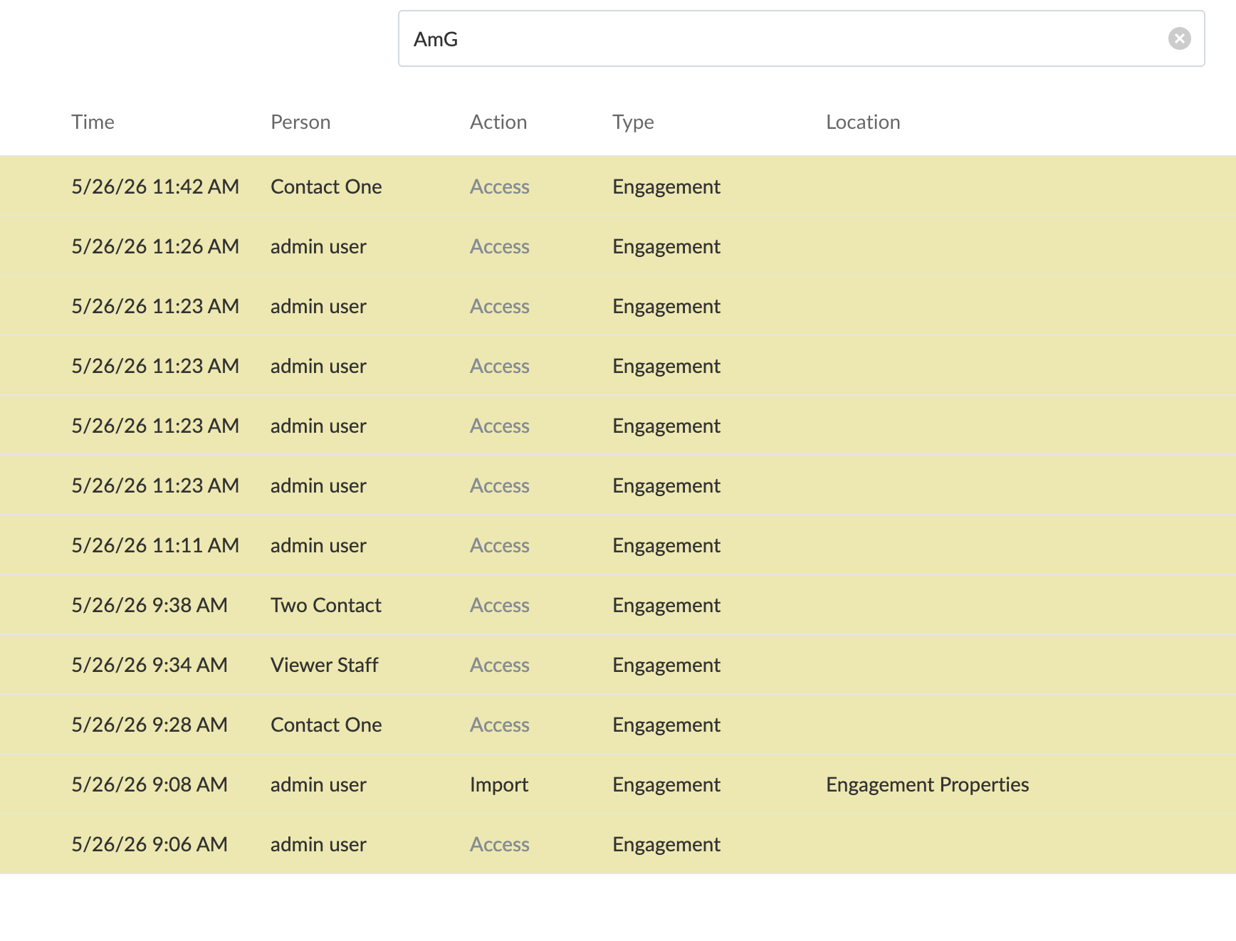 The History Viewer filtered by the search term "AmG," listing access events by time, person, action, and type.